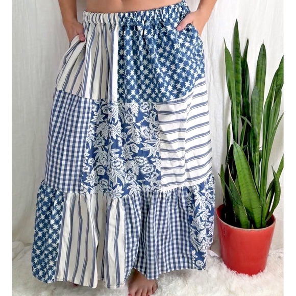 Dresses & Skirts - Cotton Patchwork Maxi Skirt L Cottage Boho Country Western Elastic Pockets Blue